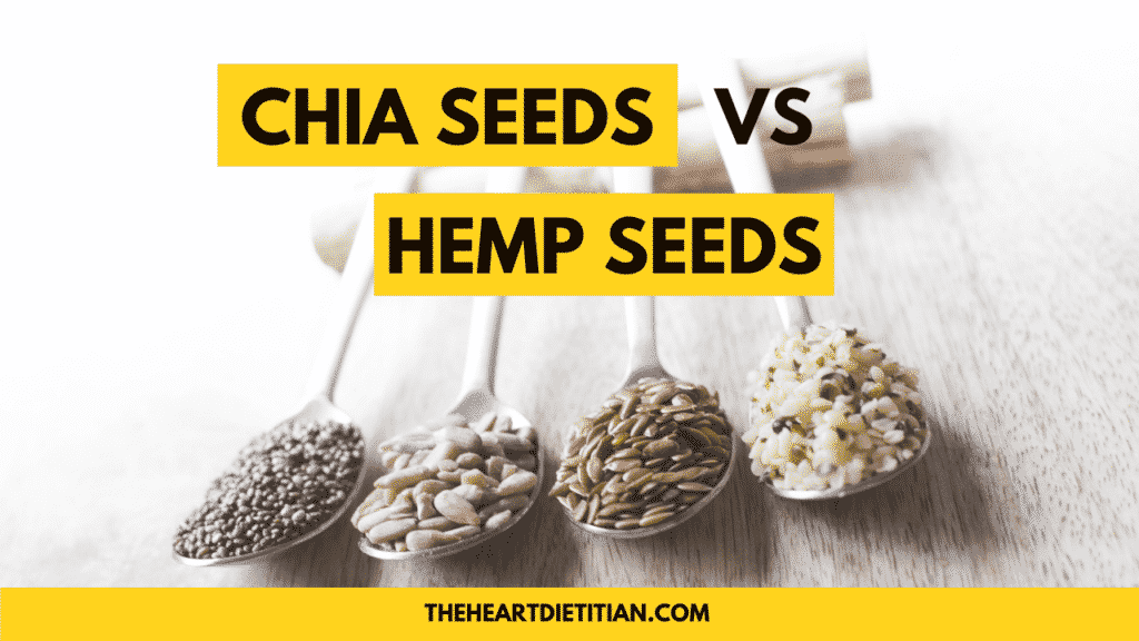 The words chia seeds vs hemp seeds in front of 4 spoons that have various chia and hemp seeds