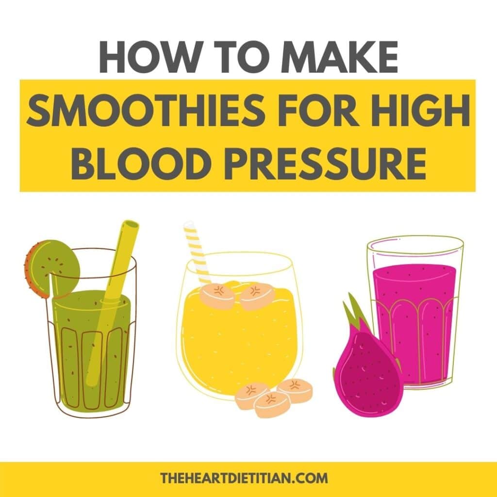 How to Lower Blood Pressure With Smoothie Title over 3 pictures of cartoon smoothies, one green with a kiwi, one yellow with banana and one red with a beet