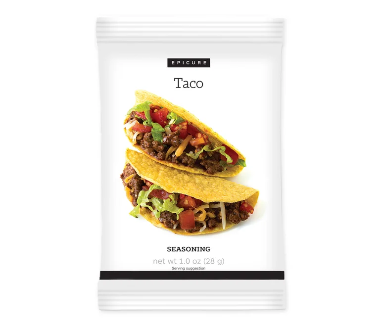 Taco seasoning package from Epicure with 2 stuffed tacos on the front of cover.