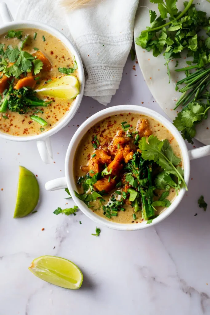 Low sodium instant pot green curry presented in two white bowls on a white table beside a white linen cloth and a plate of green herbs and topped with herbs and a lemon wedge. 