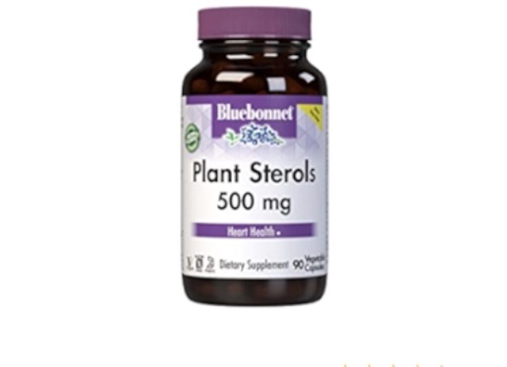 A supplement bottle that is purple with plant sterol capsules. 