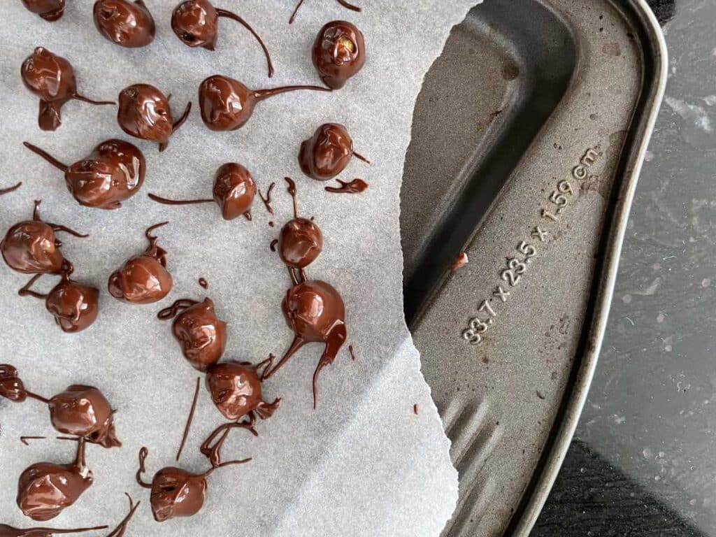 Chocolate dipped chickpeas on parchment paper over a baking sheet.