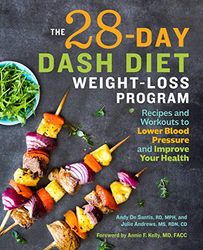 The 28 day DASH diet cookbook book cover in black with 3 fruit and meat skewers on the cover.