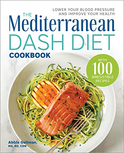 Mediterranean DASH diet cookbook book cover in white with a bowl of zucchini noodles topper with salmon as its featured dish.