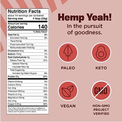 The nutrition facts table of Hemp Yeah hemp protein powder.