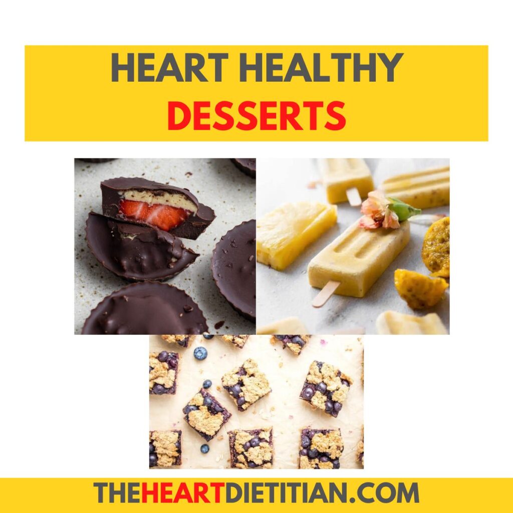 The words DASH diet desserts with three pictures of dessert recipes including yellow popsicles, chocolate cups and oat squares.