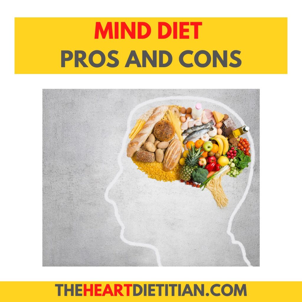 Words mind diet pros and cons with a picture of a head and food as the brain.