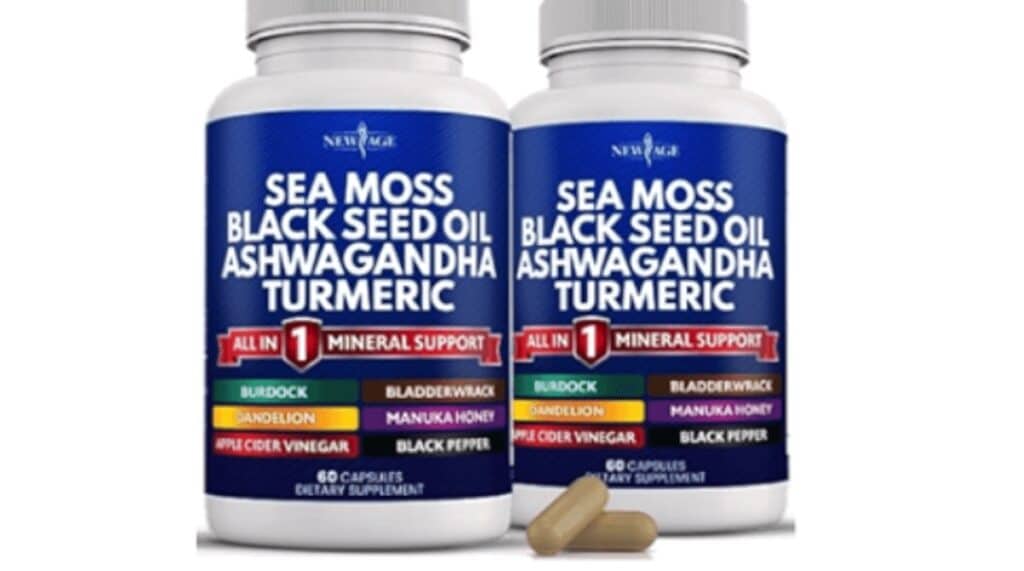 Sea moss black seed oil capsules in a bottle, with ashwagandha and turmeric.