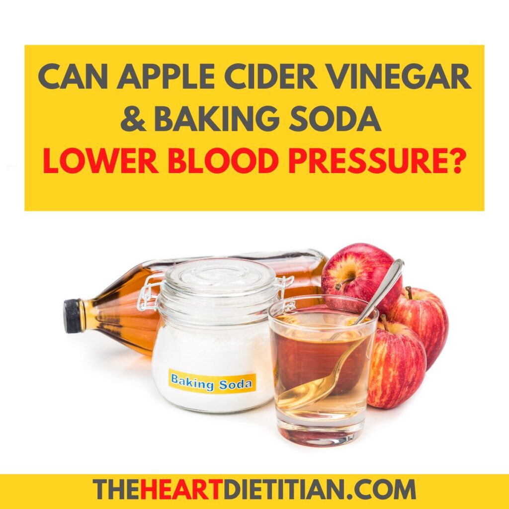 Title image reads "can apple cider vinegar and baking soda lower blood pressure?" with a picture of apple cider vinegar in a bottle, baking soda in a jar and apples it the background.