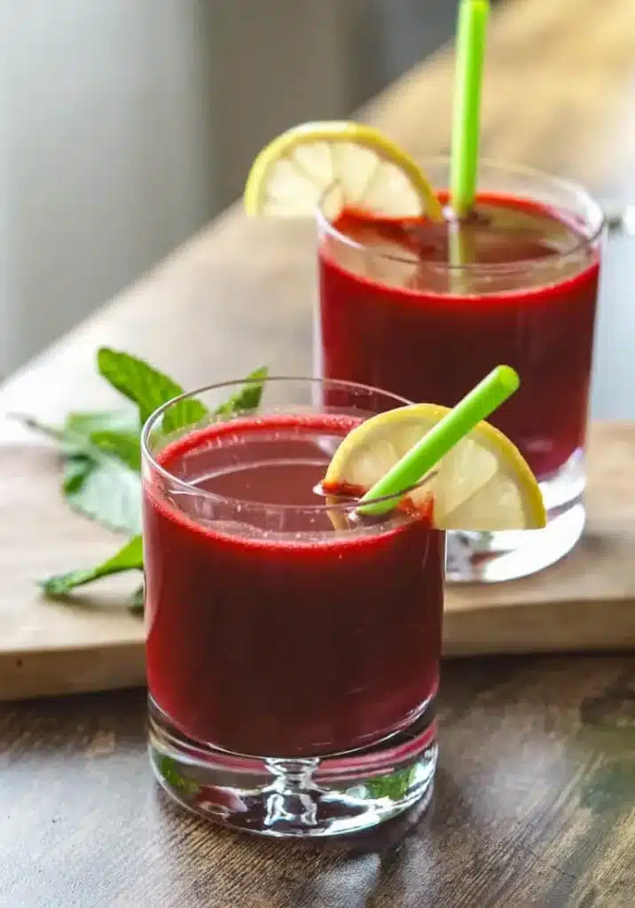 Two short clear glasses or red beet juice with two green straws with sliced lemon on it's rim. 