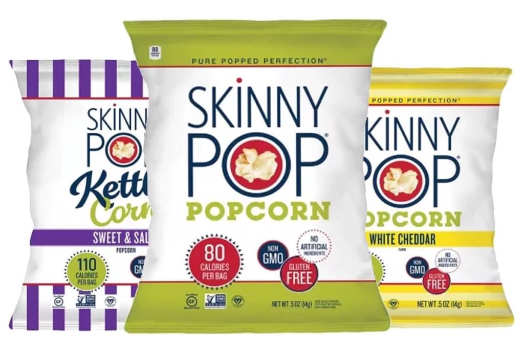 3 bags of Skinny Pop popcorn in different flavors.