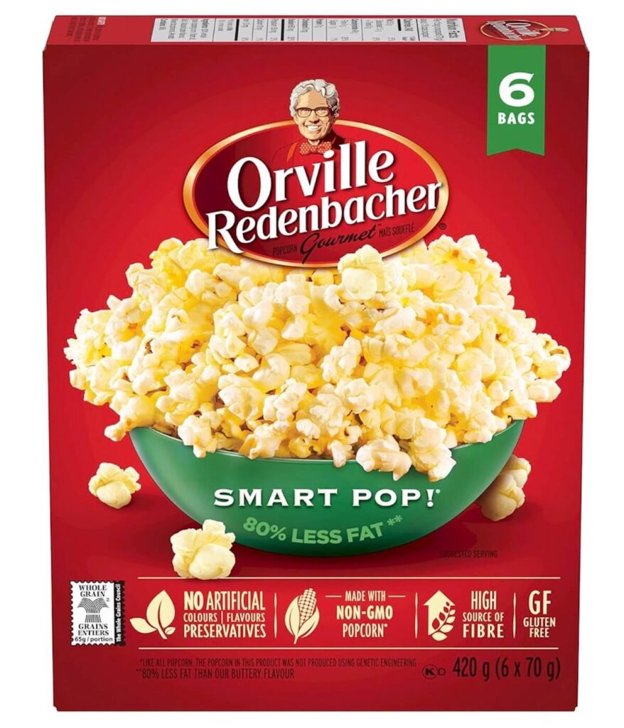 Orville package of popcorn "smart pop" reduced fat popcorn.