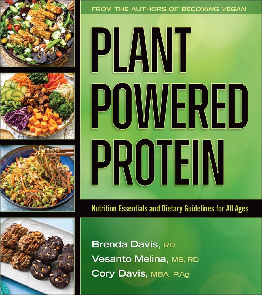 Green plant powered protein plant based cookbook with four pictures of plant meals in a column by the side.