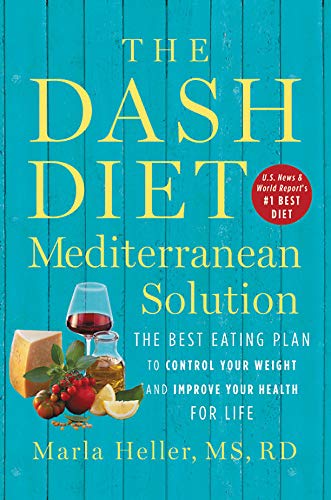 Dash diet Mediterranean solution plant based book cover in blue with a picture of red wine, cheese, olive oil, lemon and fruit. 