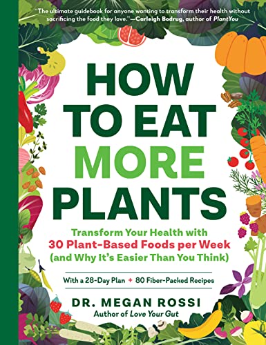 How to eat more plants plant based book cover with cartoon vegetables and fruits as a border.