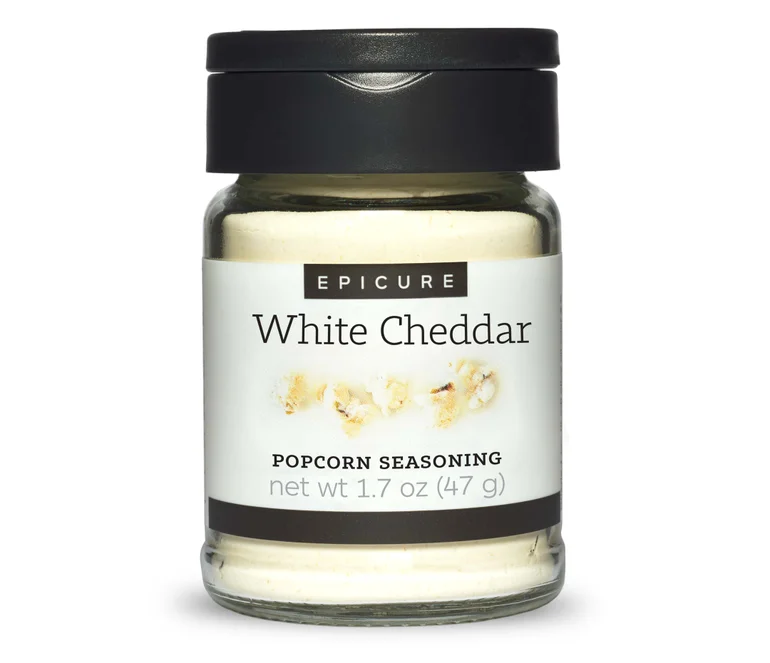 A picture of epicure's low sodium popcorn white cheddar seasoning.