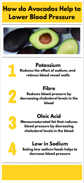 Is avocado good for blood pressure infographic includes 4 nutrients like potassium, fiber oleic acid and low in sodium.
