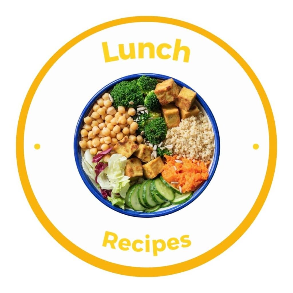 Yellow circle button with link to lunch recipes category and a picture of a blue bowl full of chickpeas. tofu, quinoa, and cucumber.
