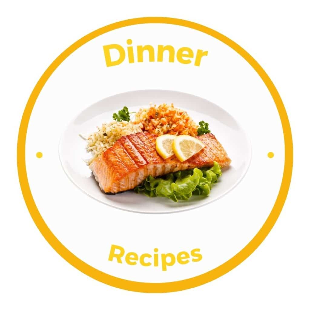 Yellow circle button with link to dinner recipes and a picture of a white plate of salmon dinner.