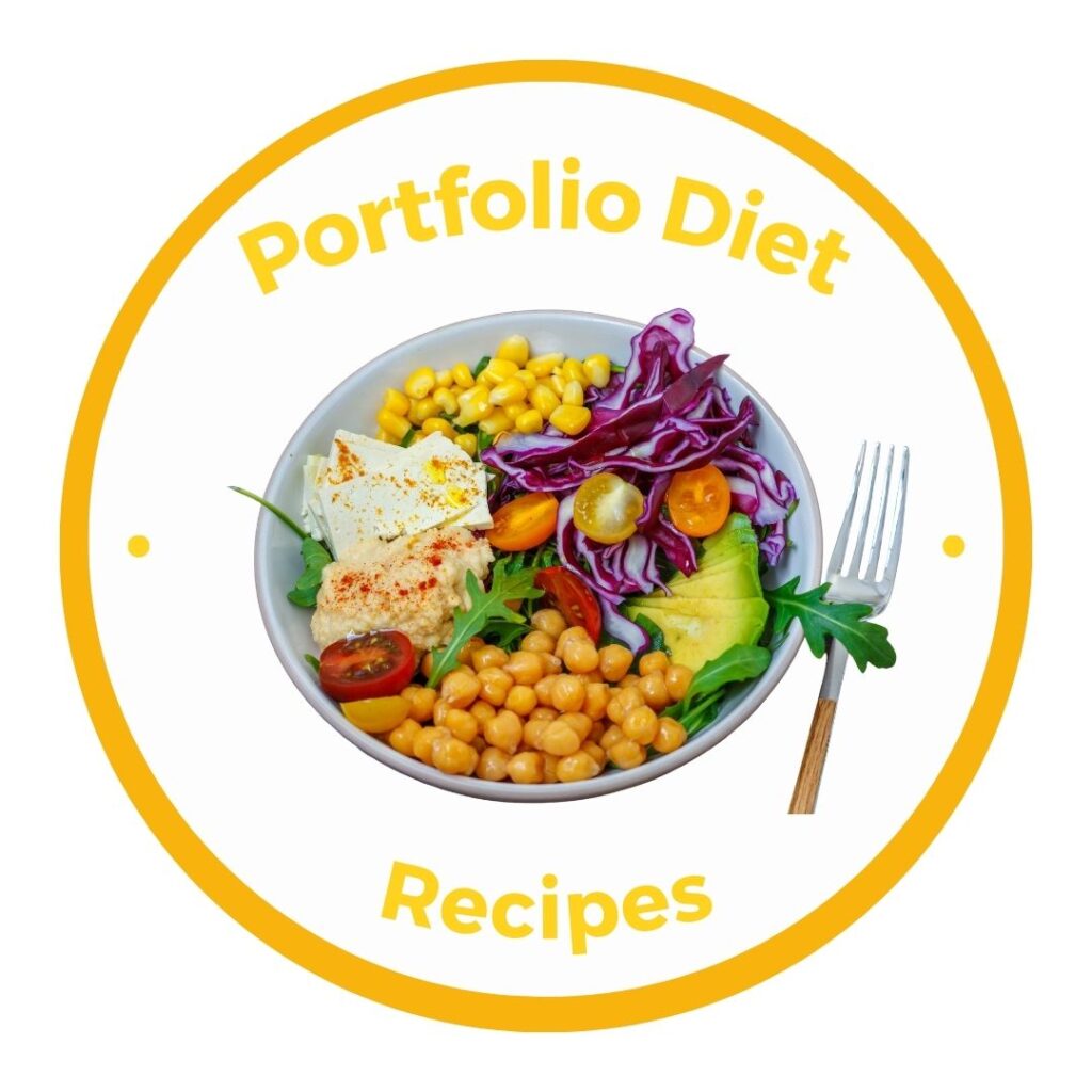 Yellow circle button with link to portfolio diet recipes and a picture of a budha bowl with chickpeas, tofu, corn, hummus and avocado.
