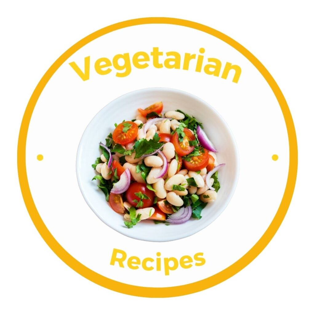 Yellow circle button with link to vegetarian recipe category and a picture of a bean salad in a white bowl.