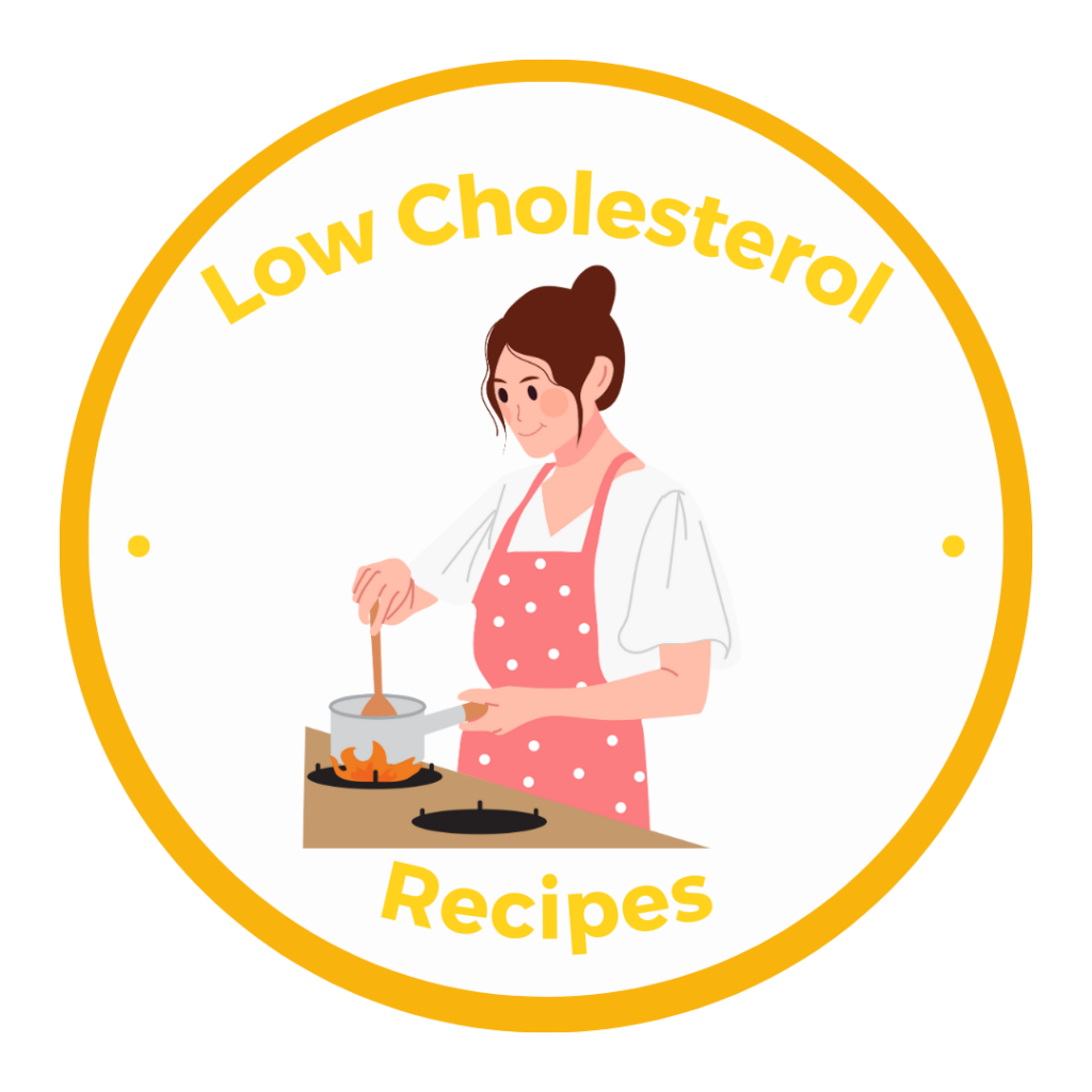Yellow button with link to low cholesterol recipe category with cartoon women cooking at a stove.