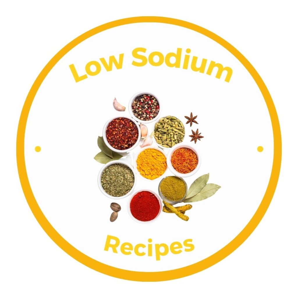 Yellow circle button with link to low sodium recipe category and a picture of a herbs and spices.