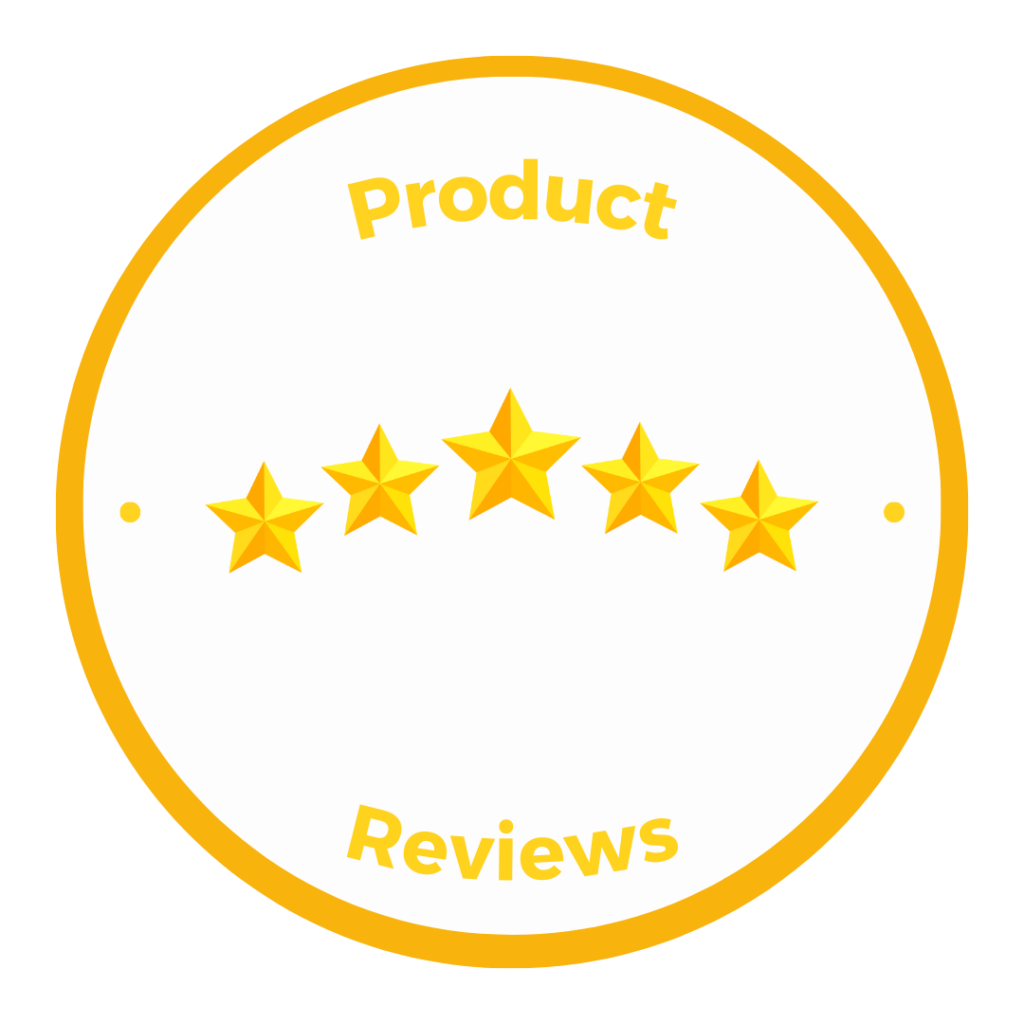 Yellow circle button with link to product review category with 5 stars in button.