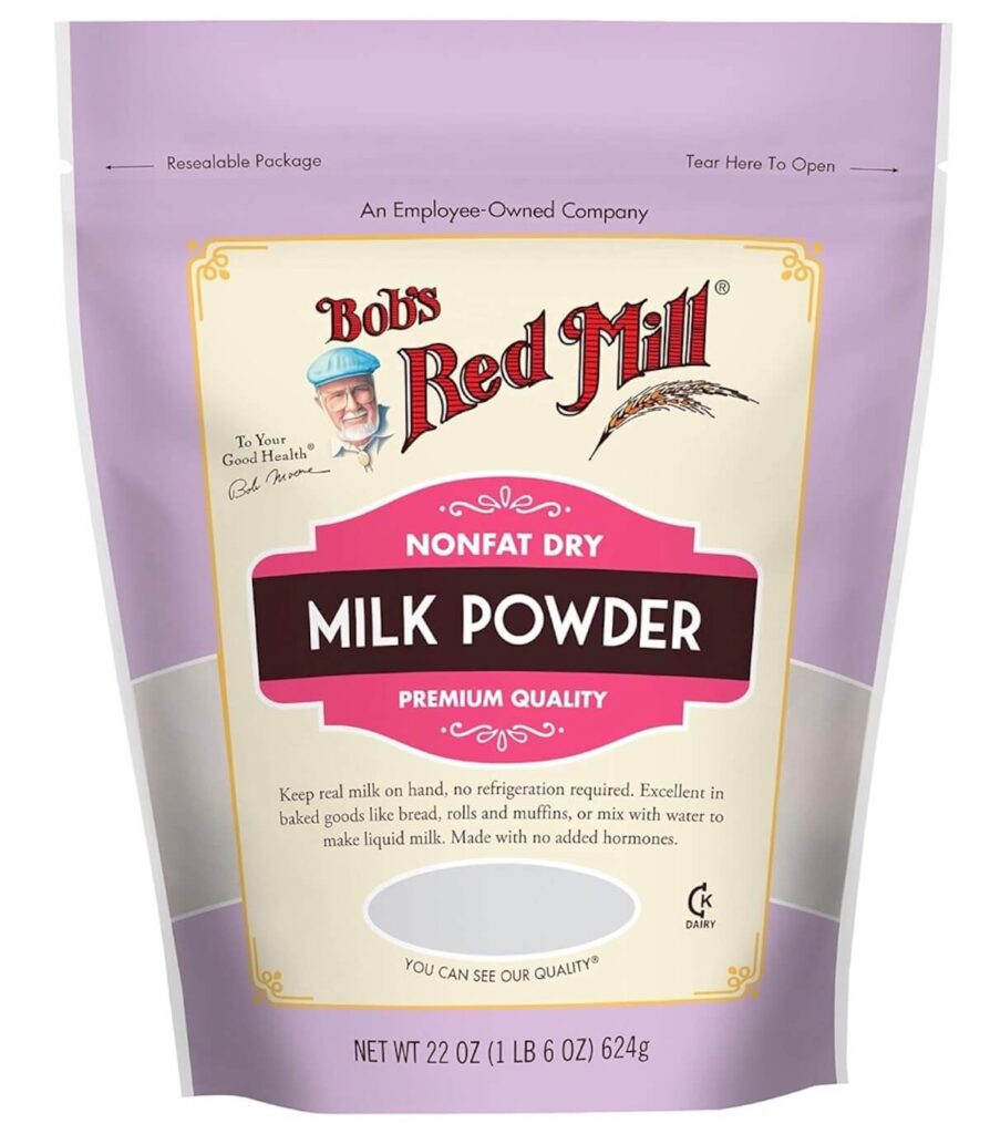 A bag of Bob's Red Mill skim milk powder. 