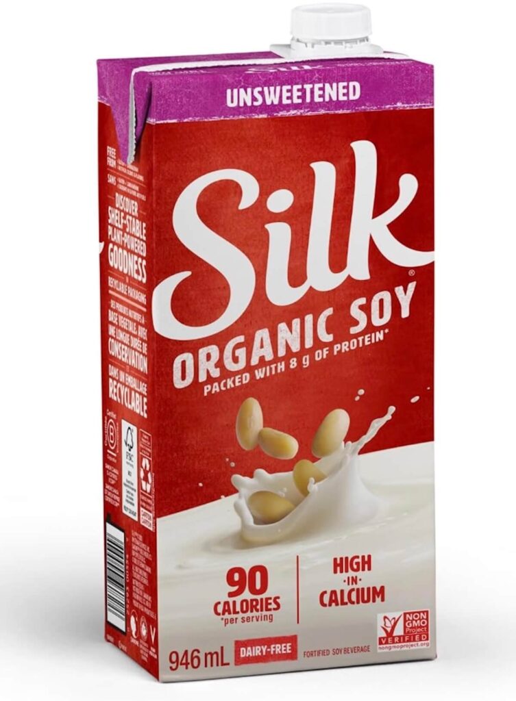 An image of a red carton of Silk organic soy milk, unsweetened. 