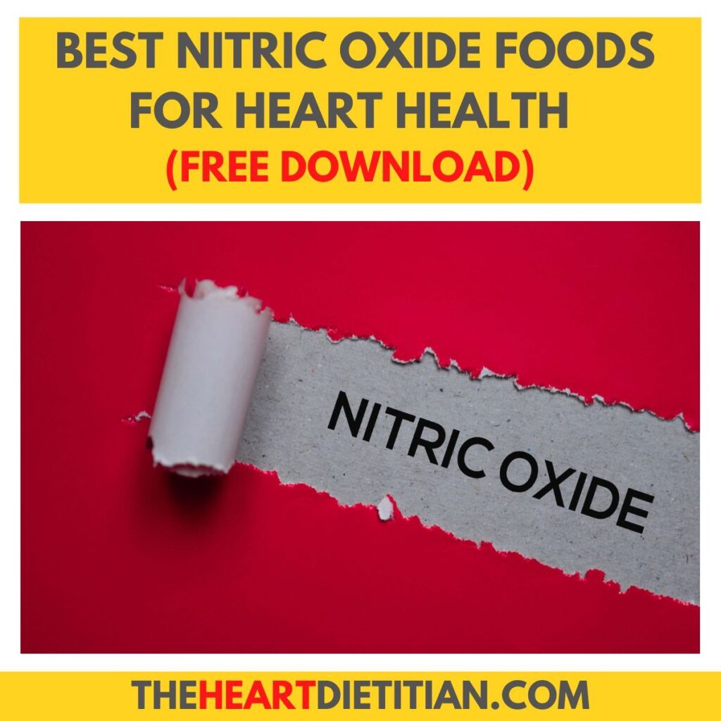 A red background image with paint peeled back revealing the words nitric oxide. The title above reads "Best Nitric Oxide Foods for Heart Health."