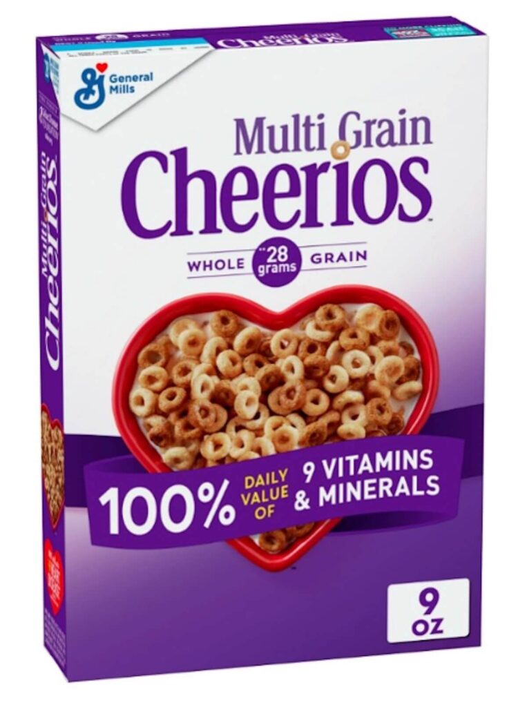 Image of a purple box of multigrain Cheerios, with a bowl of Cheerios pictured on the front of the box.