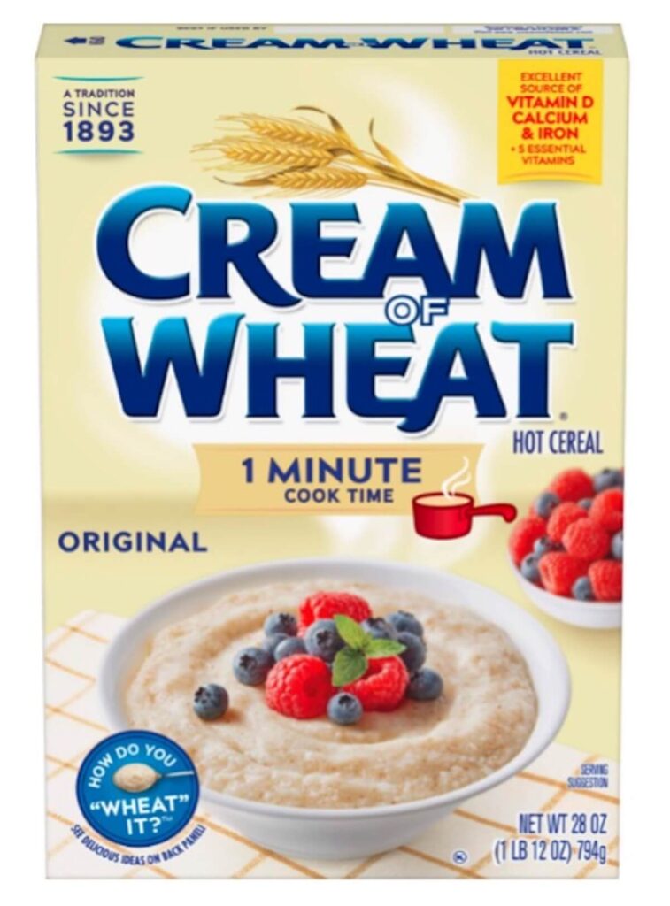 A box of Cream of Wheat cereal. The box has a bowl of cream of wheat topped with fresh berries on the front.