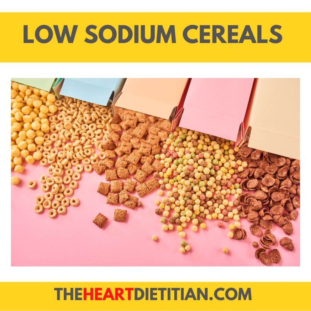 Image of 5 types of cereals being poured out of boxes, on a pink background. Title reads "Low Sodium Cereals".