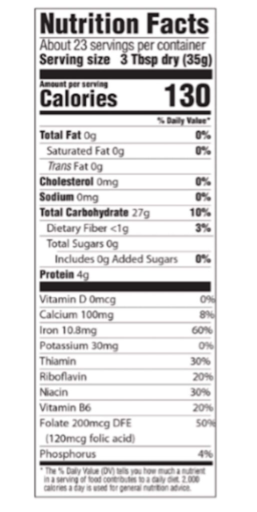 Malt O Meal Nutrition Facts table.