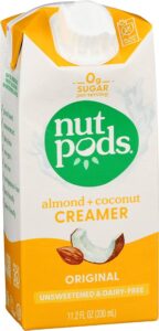 Brand Nut Pods coffee almond and coconut creamer. Small carton of unsweetened and dairy free creamer.