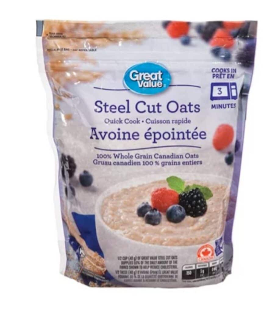A bag of Steel cut oats, quick cooked whole grain. A bowl of oats with berries is shown on the front of the bag.