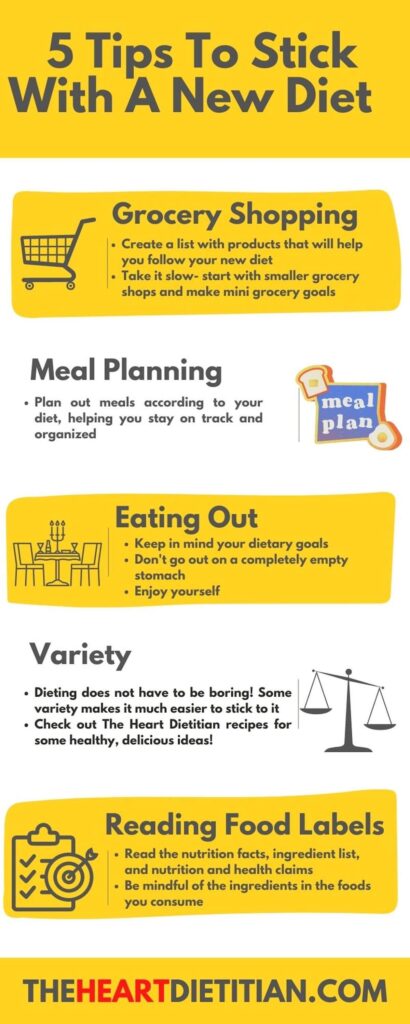 An infographic with a summary of 5 tips to stick with a new diet. The infographic is a yellow and white colour scheme. 