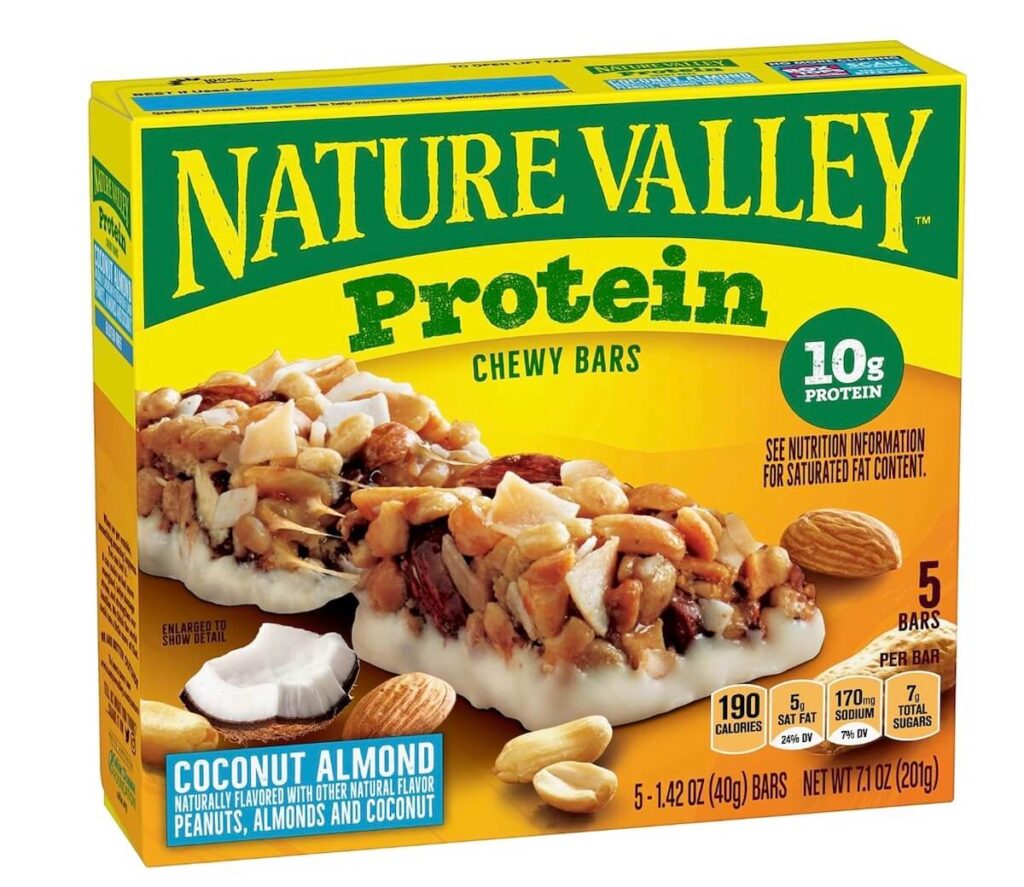 A box of Nature Valley protein barns, coconut almond flavour. 