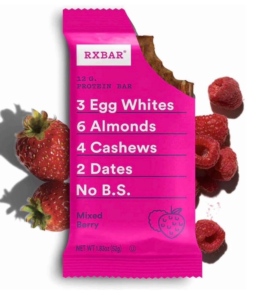 A mixed berry flavour RX bar, the wrapper is all pink. 