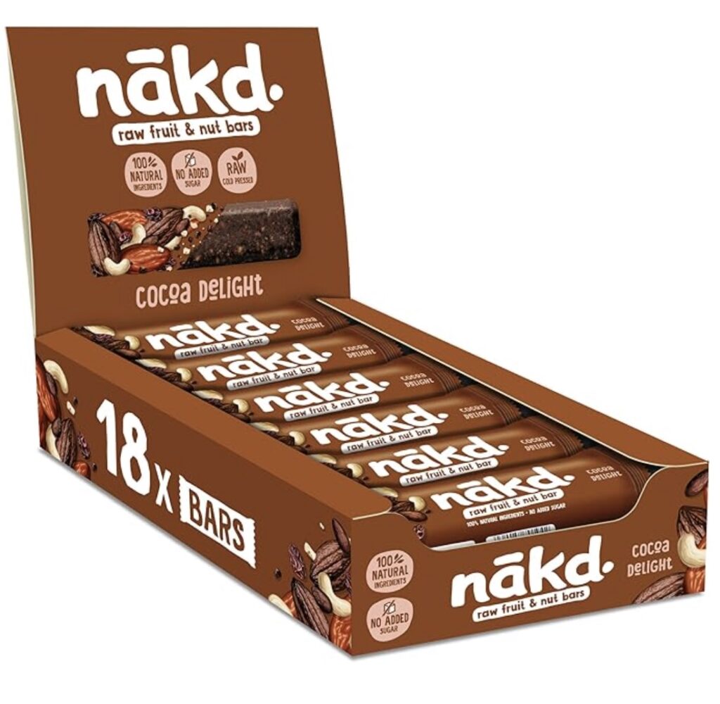 A box with Nakd protein bars, in the cocoa flavor. 
