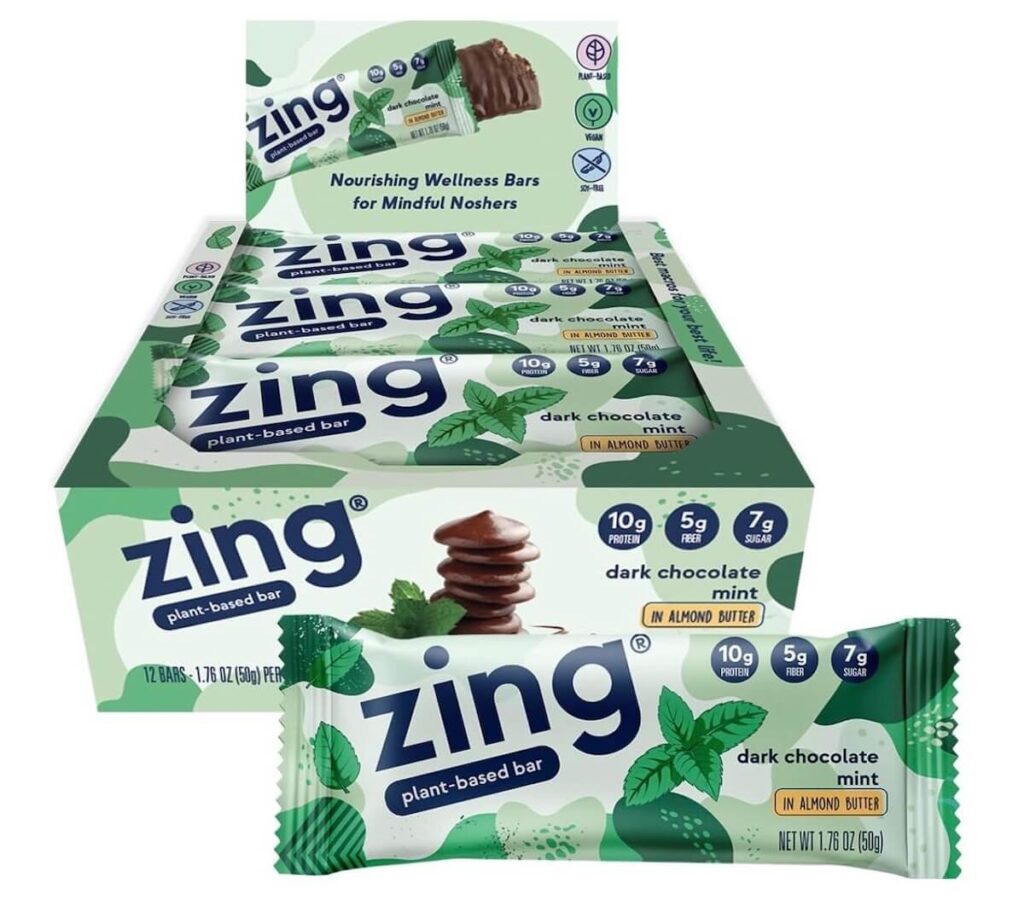 A box of Zing protein bars, dark chocolate mint flavor. 