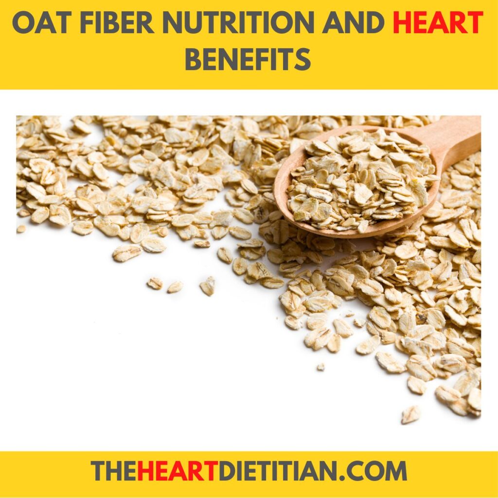 An image of rolled oats on a wooden spoon, with oats laid all around the spoon. Title reads "Oat fiber nutrition and heart benefits"