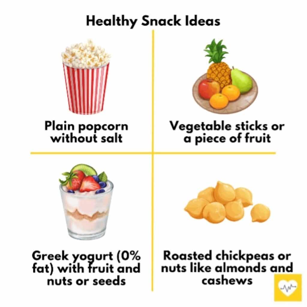 Health snack ideas when following the DASH diet. Images include popcorn, fruit, greek yogurt, and roasted chickpeas or nuts.