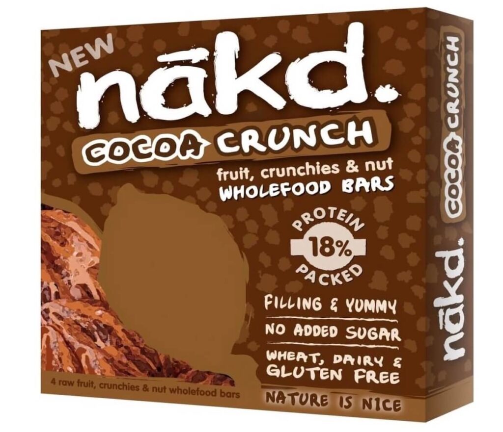 A brown box of Naked cocoa crunch bars.