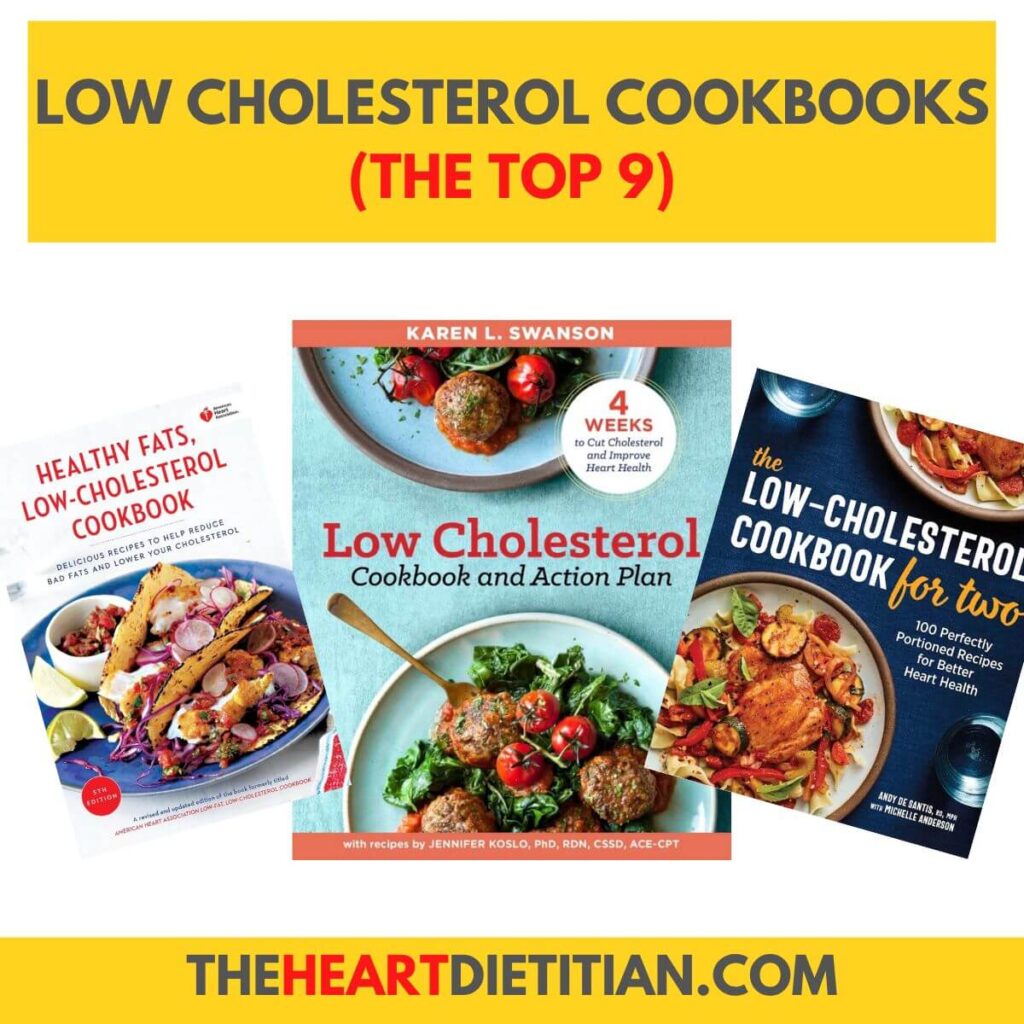 Three low cholesterol cookbooks and the title reads "low cholesterol cookbooks, the top 9".