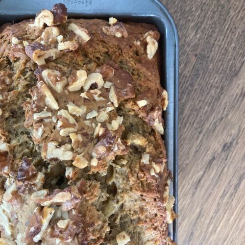 An image of chia seed banana bread in a loaf pan.
