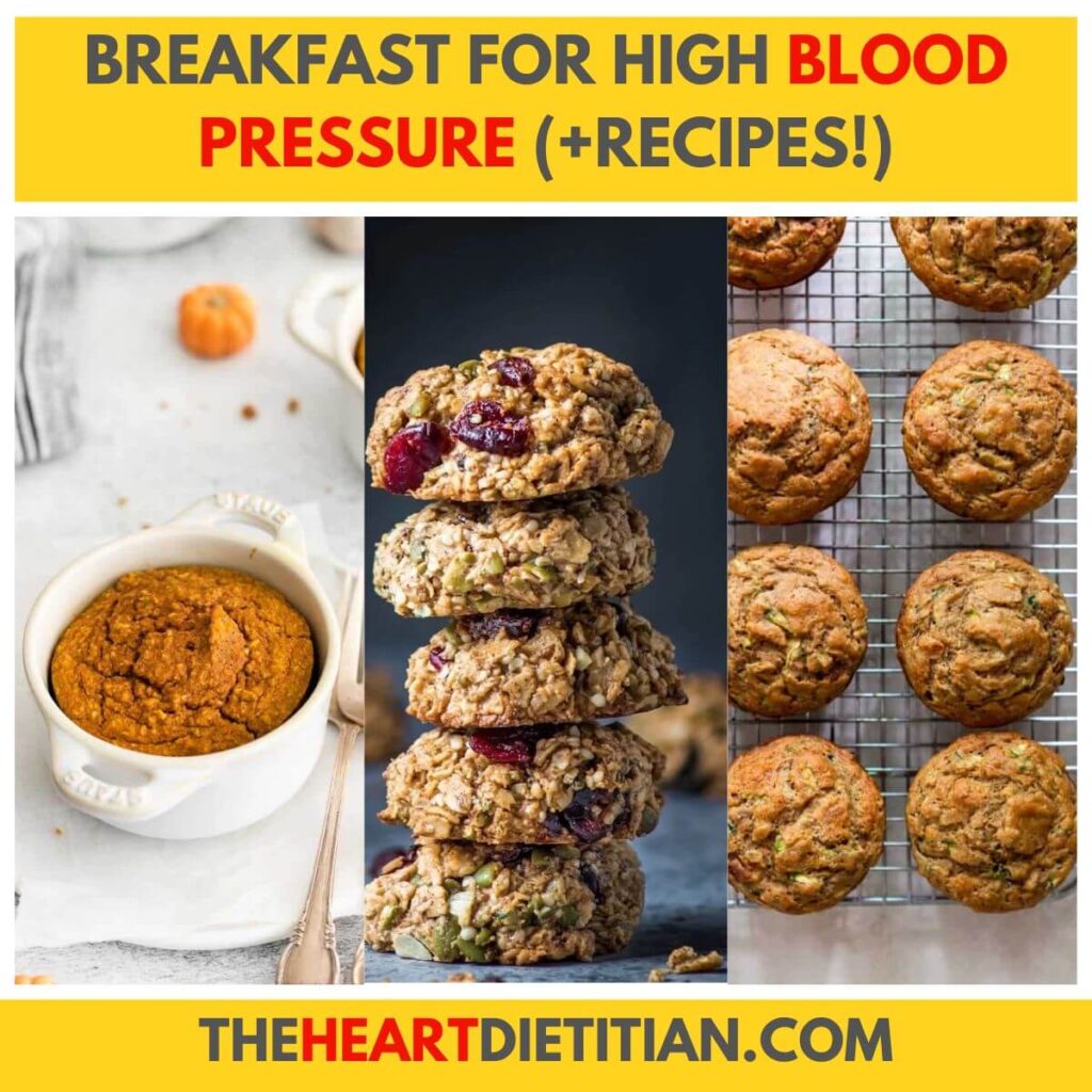 Image of baked pumpkin oats, breakfast cookies, and banana muffins, the title reads "breakfast for high blood pressure +recipes"