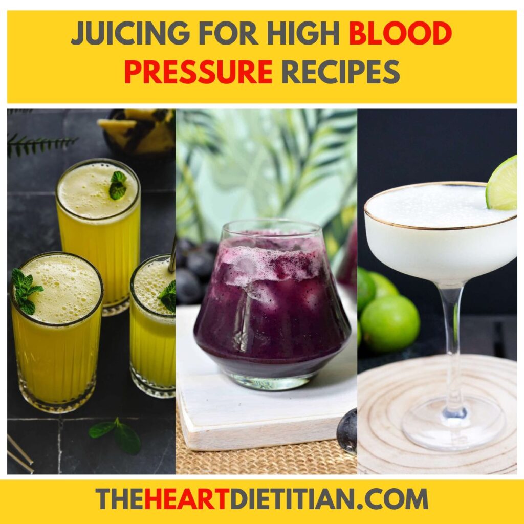 3 images of juices, the title reads "juicing for high blood pressure recipes".