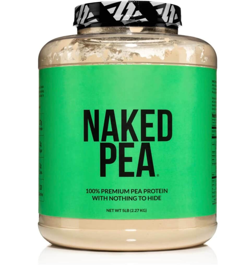 A tub of Naked Pea protein powder, a Canadian vegan protein powder.